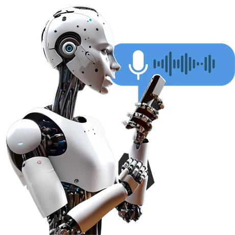 Ilustração de um robô com ícone de áudio conversando por celular