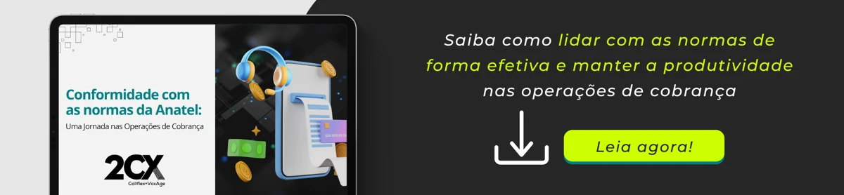 Banner do e-book "Conformidade com as normas da Anatel: uma jornada nas operações de cobrança" com o convite "Leia agora!"